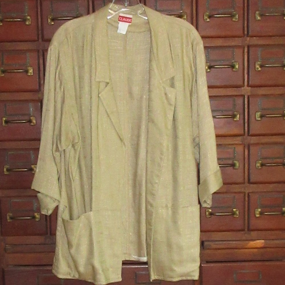 Vintage Beige Tan Rayon/Flax Open Front Jacket Blazer